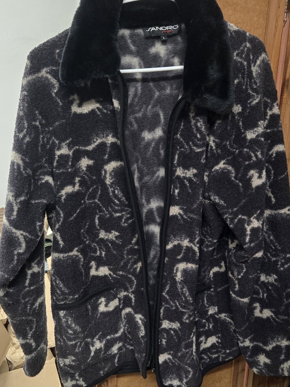 Vintage 90s Sandro Sport Fleece Jacket Full Zip Faux Fur Collar Marbled Gray
